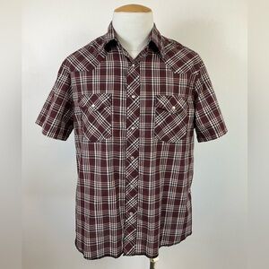 Wrangler Burgundy Plaid Short Sleeve Pearl Snap Front Shirt, sz LG